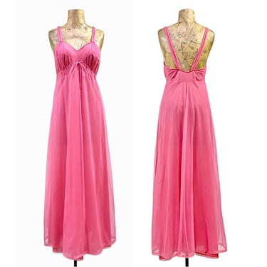 Vintage 1960s Hot Pink Virginia Wallace Empire Nightgown, Mid-Century Cerise Nylon Chiffon/Tricot Peignoir, Small 34 Inch Bust, VFG 