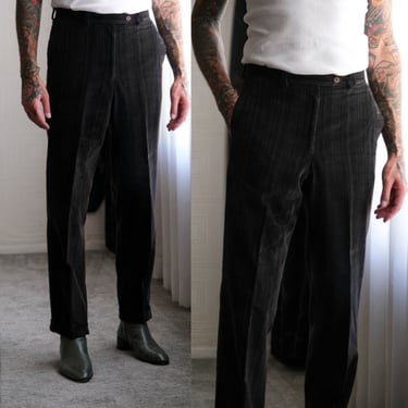 Vintage 80s Black & Dark Brown Multi Stripe Corduroy Cuffed Slacks | Made in USA | Size 32x33 | 1980s Designer Tapered Cuff Leg Mens Pants 