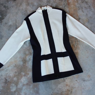 80s Black and White Color Blocked Sweater Jacket Zip Front Size M 