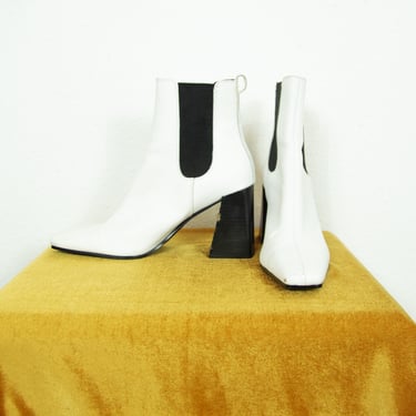 White Leather Ankle Boots Block Square Heel Size UK 8 EU 42 