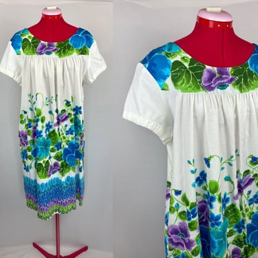Vintage 1960s Hawaiian Floral Cotton Ui-Maikai Comfy MuuMuu Dress Gift 