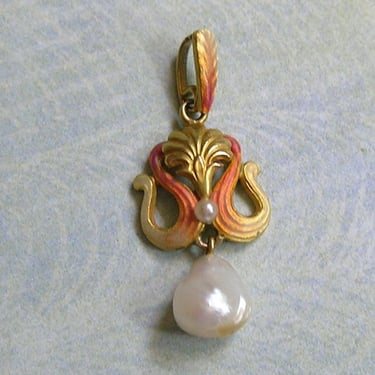 Antique 14K Gold Lavaliere Pendant With Enamel and Pearls, Antique Gold Enamel Lavaliere Pendant, Wedding Necklace (#4447) 