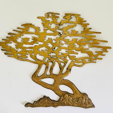 Vintage 1970s MID Century Modern Brass Gold Cypress Tree Wall Art Sculpture Hanging Tree of Life Bonsai 