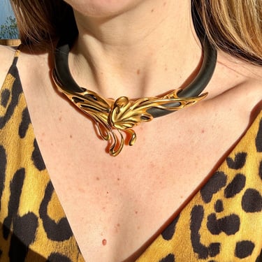 Rare 80s Designer Inna Citrine Black Resin Gold Plate Collar Necklace
