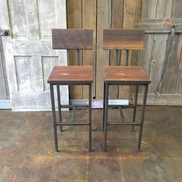 Reclaimed Wood Bar Stools, Industrial Stool, Reclaimed Barn Wood Stool With Hand Welded Steel Base and Eco-Friendly Finish - Set of 2 
