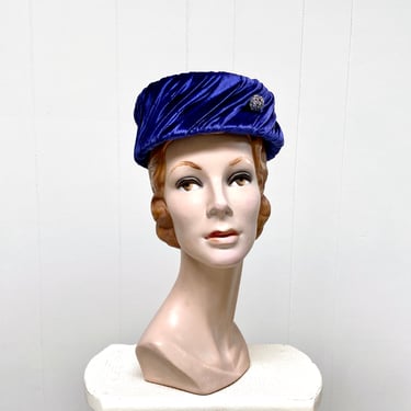 Vintage 1960s Cobalt Blue Panne Velvet Pillbox Hat, Mid-Century Cocktail Hat, Size 22 
