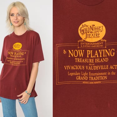 80s Gold Nugget Theatre T-Shirt Treasure Island Vaudeville Acts Maroon Tee Play Shirt Vintage 1980s Distressed Large L 