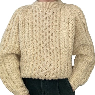 Vintage Hand Knit Wool Irish Fisherman Cable Chunky Cream White Sweater Sz L 