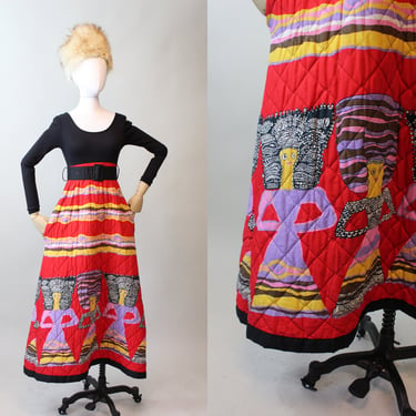 1970s QUILTED WOMEN novelty print maxi dress xs | new fall 