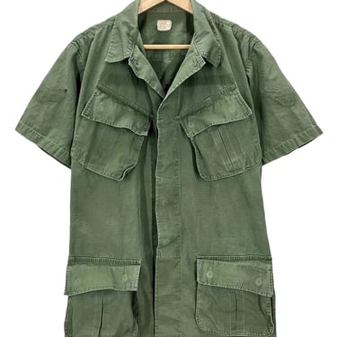 Vtg 1968 US Military Tropical Combat Green Rip Stop Slant Pocket Jacket Med Long