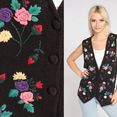 Floral Knit Vest 90s Black Sweater Vest Top Embroidered Flower Button up Shirt Retro Sleeveless Sweater Vintage 1990s Cotton Ramie Medium M 