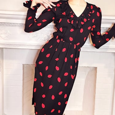 70s 80s Yves Saint Laurent Print Rive Gauche Dress in Black and Red Dot Print Ruffled Neckline S 