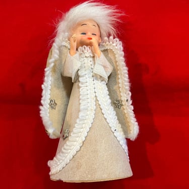 1960s felt angel tree topper kitsch cream plastic spun hair doll Christmas angel 