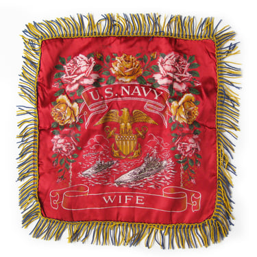 US Navy Souvenir Throw Pillow Sham with ROSES, Sweetheart Gift, Retro Mid Century, Navy Wife, Collectible Textiles, Home Decor, Red Pillow 