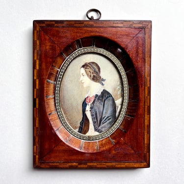 Antique Victorian Miniature Portrait Painting of Young Woman in Marquetry Frame 