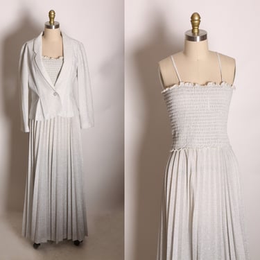 1970s White and Silver Metallic Lurex Spaghetti Strap Ruched Crop Top with Matching Pleated Full Length Skirt and Blazer Jacket Suit -S 