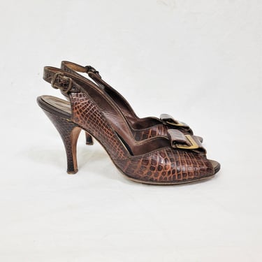 Peep Toe 1950's Brown Alligator Sling Back Stilettos I Sandals I Shoes I Pumps I Sz 6.5 I De Liso Debs 