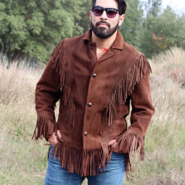 Fringe Jacket, Vintage 70s Pioneer Wear Festival Jacket, Size 40 Men, brown suede 