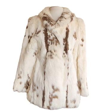 Vintage 70s Rabbit Fur Jacket White Brown Mottled Pattern 