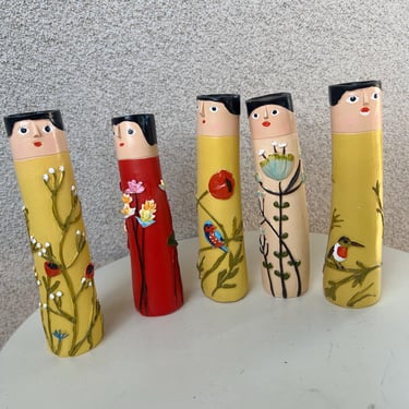 Vintage Tall Vases Kokeshi Doll Style Set 5 Hand painted 3D 