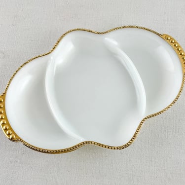 Vintage Divided Relish Tray by Anchor Hocking Fire King, White Milk Glass and Gold Rimmed, Mid Century Serving Dish 