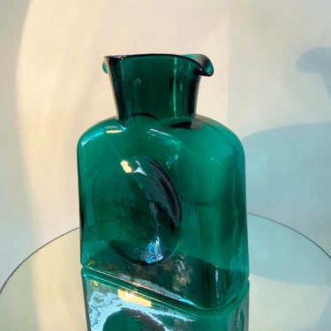 Blenko Emerald Green Glass Water Bottle | 1980s hand blown glass carafe 