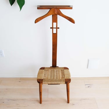 Mid Century Modern Beech Wood Valet Chair Clothing Stand with Woven Seat 