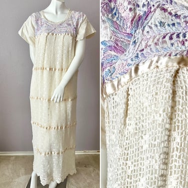 Embroidered Mexican Dress, Pastels Lavender Embroidery, Mesh Lace, Crochet Lace, Cut Out, Caftan Maxi, Hippie 