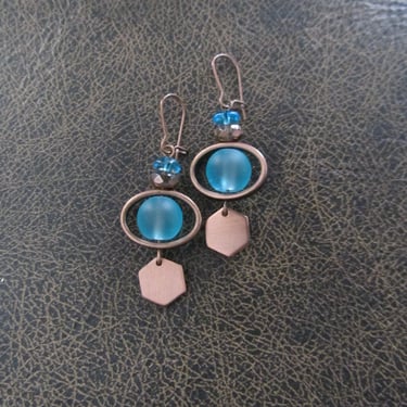 Copper and blue sea glass earrings, hexagon 