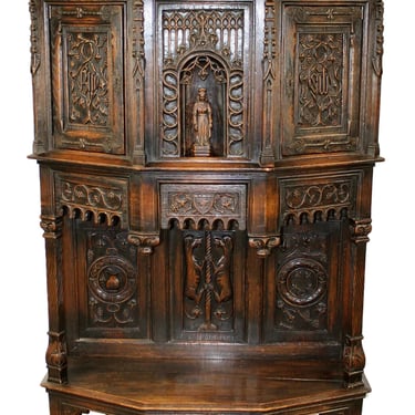 Antique Cabinet, French Gothic, Revival Carved Oak Reliquary with Bishop, 1800s