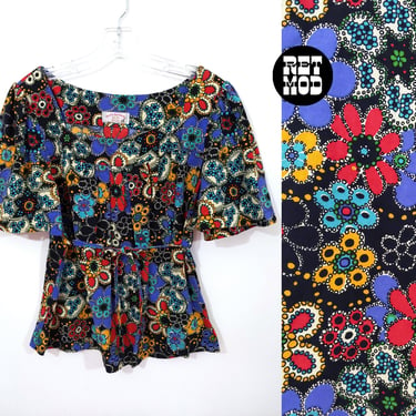 Groovy Vintage 70s Black Colorful Floral Cotton Boho Blouse with Waist Tie 