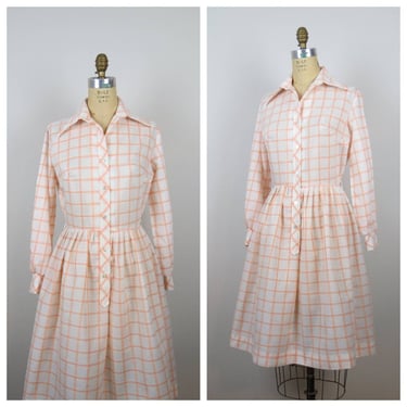 Vintage 1960s fit and flare shirtwaist dress, windowpane plaid, cotton, spring dresses 