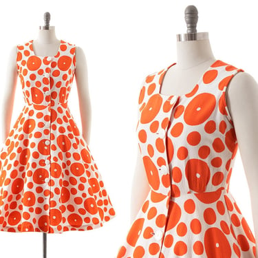 Vintage 1950s Sundress | 50s Polka Dot Cotton Orange White Button Up Shirtwaist Fit and Flare Full Skirt Summer Day Dress (small/medium) 