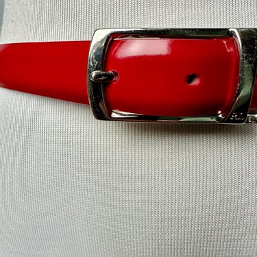 Vintage RL Y2k bright Red leather belt~ polished look sleek  Ralph Lauren rectangular chrome buckle ~ skinny belts trouser belts / size LG 