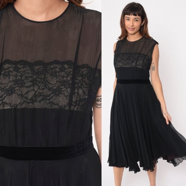 Black Chiffon Dress 60s Party Dress Sheer Floral Lace Midi Cocktail Pleated High Waisted Formal Evening Sleeveless Vintage 1960s Large L 