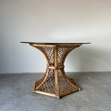 Vintage Vivai Del Sud Style Bamboo and Rattan Dining Table W/ Glass Top 