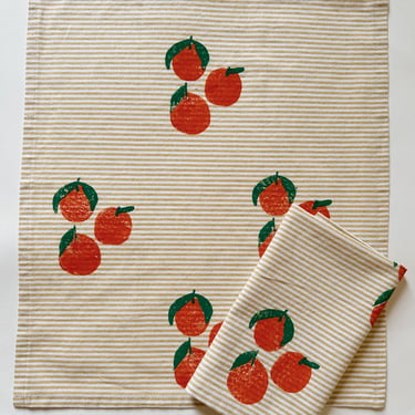 linen dinner napkins. clementines on stripe. hand block printed. placemats / tea towel. blue and red. boho home. hostess housewarming gift. 