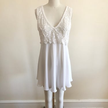 White Floral Embroidered Mesh and Chiffon Slip/Nightie - 1990s 