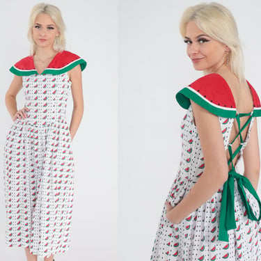Watermelon Dress 80s White Fruit Print Midi Dress Capelet Basque Waist Sundress Sleeveless Full Skirt Corset Lace Up Vintage 1980s Small 