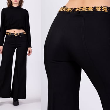 70s Black Western Flared Pants - Medium | Vintage Mid Rise Retro Polyester Trousers 