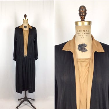 Vintage 20s Dress | Vintage black rayon jersey dress | 1920's black camel knit dress 
