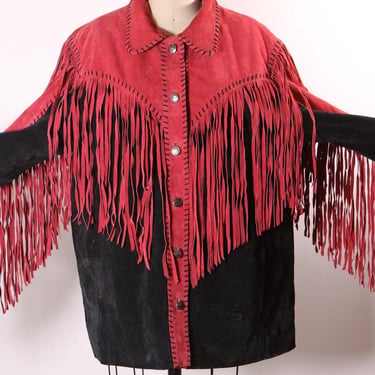 1980s Red and Black Suede Leather Fringe Long Sleeve Metal Snap Western Cowgirl Jacket Coat by Bob Mackie -L 