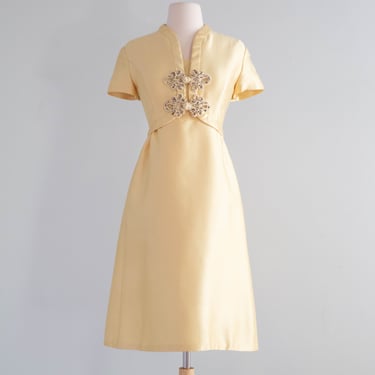 Elegant 1960's Malcolm Starr Butter Yellow Silk Shantung Cocktail Dress / ML