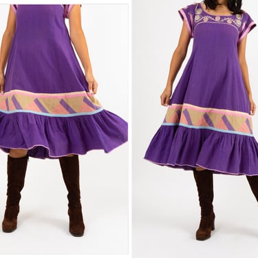 Vintage 1970s 70s Josefa Ibarra Mexican Hippy Bohemian Purple Trapeze Midi Gown w/ Patchwork Detailing, Hand Embroidery 