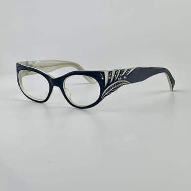 Vintage 1950'S Eyeglass Frames - Black Carved Lucite Revealing to White Details - L & S Label - Optical Quality Frames 