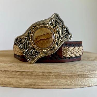 Vintage 90s Western Stone Buckle Brown Genuine Leather Woven Weaved Belt S 