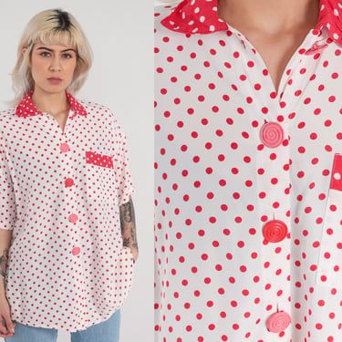Polka Dot Blouse 80s 90s Red White Swirl Button Up Shirt Short Sleeve Collared Preppy Retro Pattern Top Vintage 1990s Rayon Medium M 
