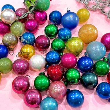 VINTAGE: 43 Old Small Mercury Glass Ball Ornaments - Colorful Holiday Glass Bulbs - Millinery - Crafts 