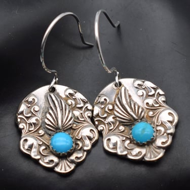 Romantic 70's silver plate turquoise shield leaf & vine hippie dangle earrings w/sterling ear wires 