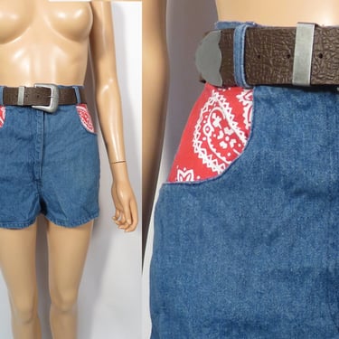 Vintage 90s Deadstock High Waist Denim Shorts With Red Bandana Pockets Belt Included Made In USA Size 27 Waist 